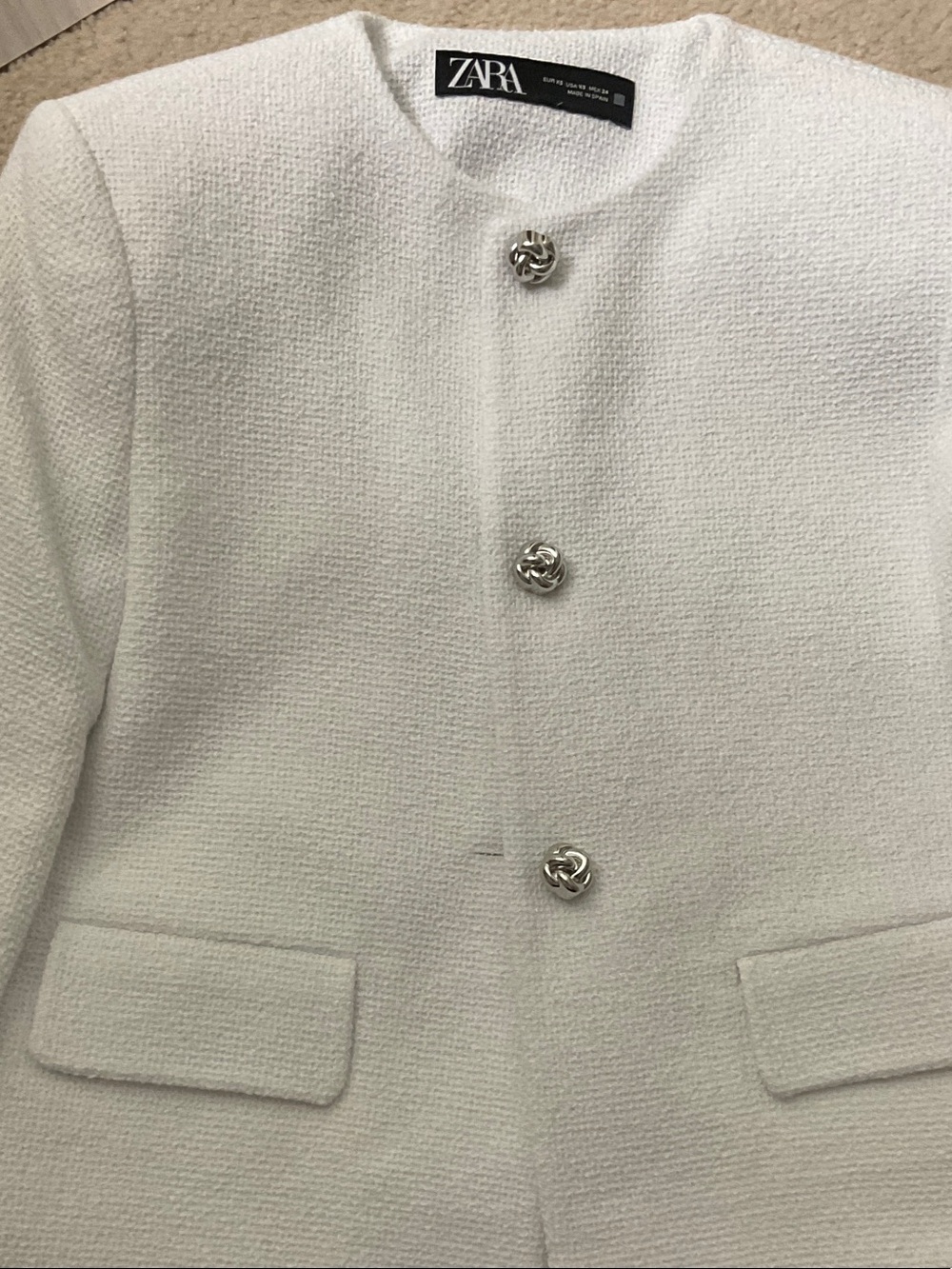 ZARA White Tweed Collarless Blazer with Decorative Silver Buttons - Picture 12 of 12